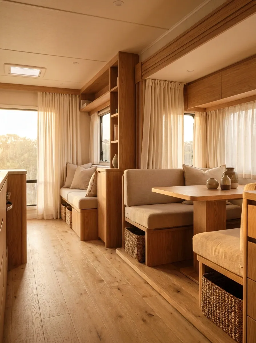 Soft Cream Curtains With Warm Oak RV Cabinetry
