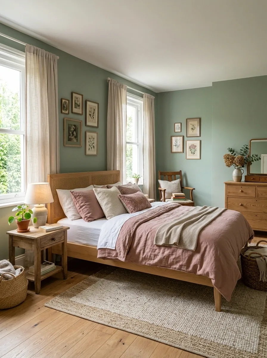 Soft Eclectic Bedroom With Sage Walls, Dusty Rose, and Natural Wood