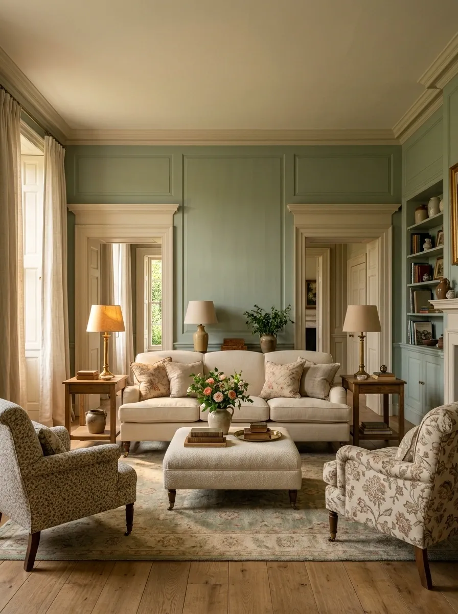 Soft English-Inspired Living Room With Layered Seating