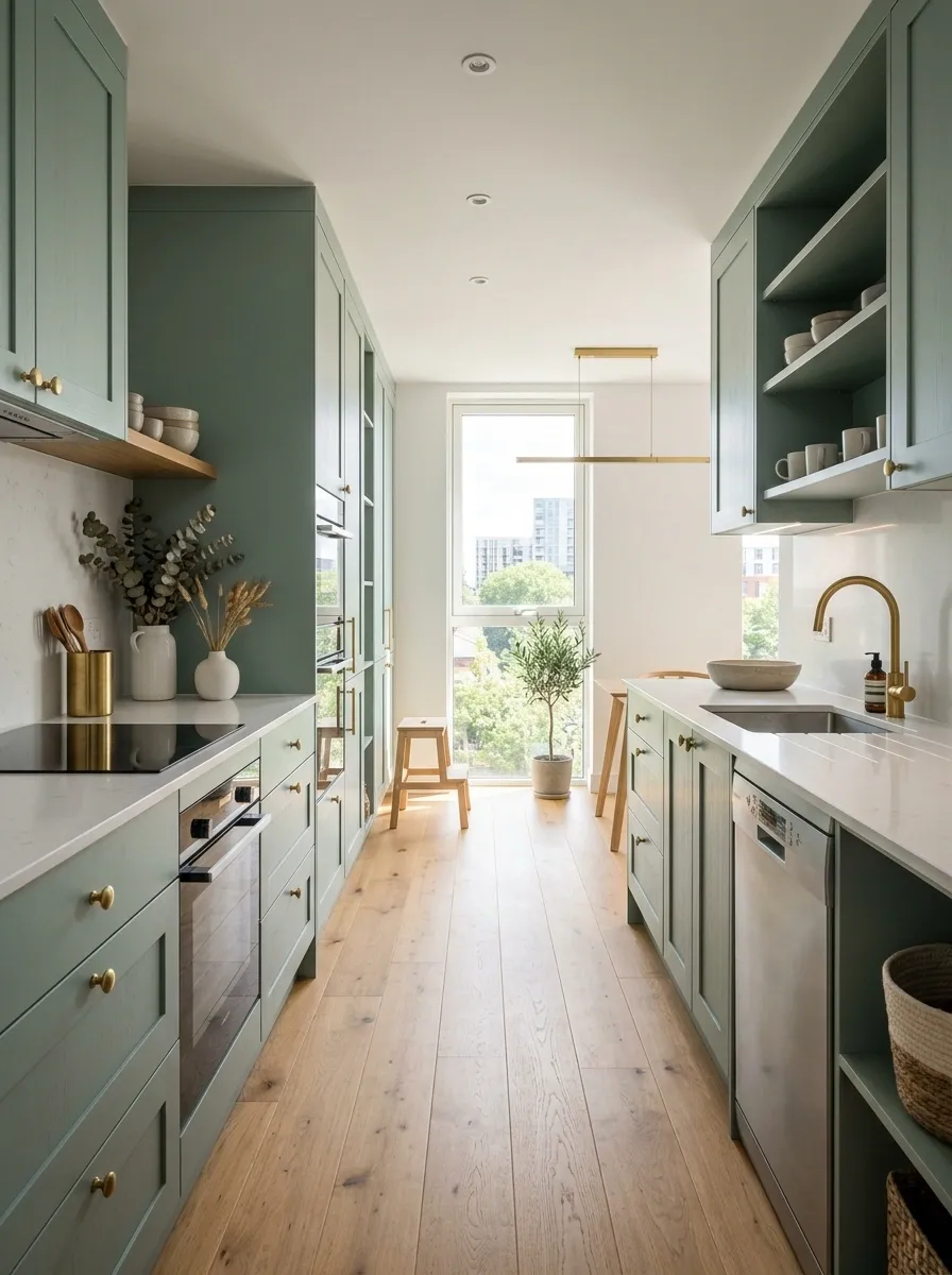 Soft Eucalyptus Green Kitchen in a Small Apartment