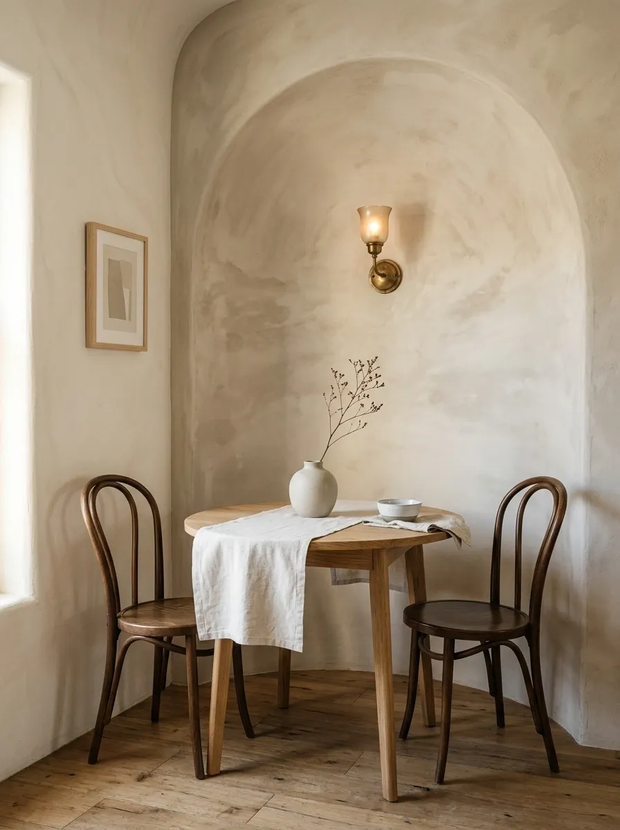 Soft European Dining Corner With Curved Plaster Walls and Bistro Chairs