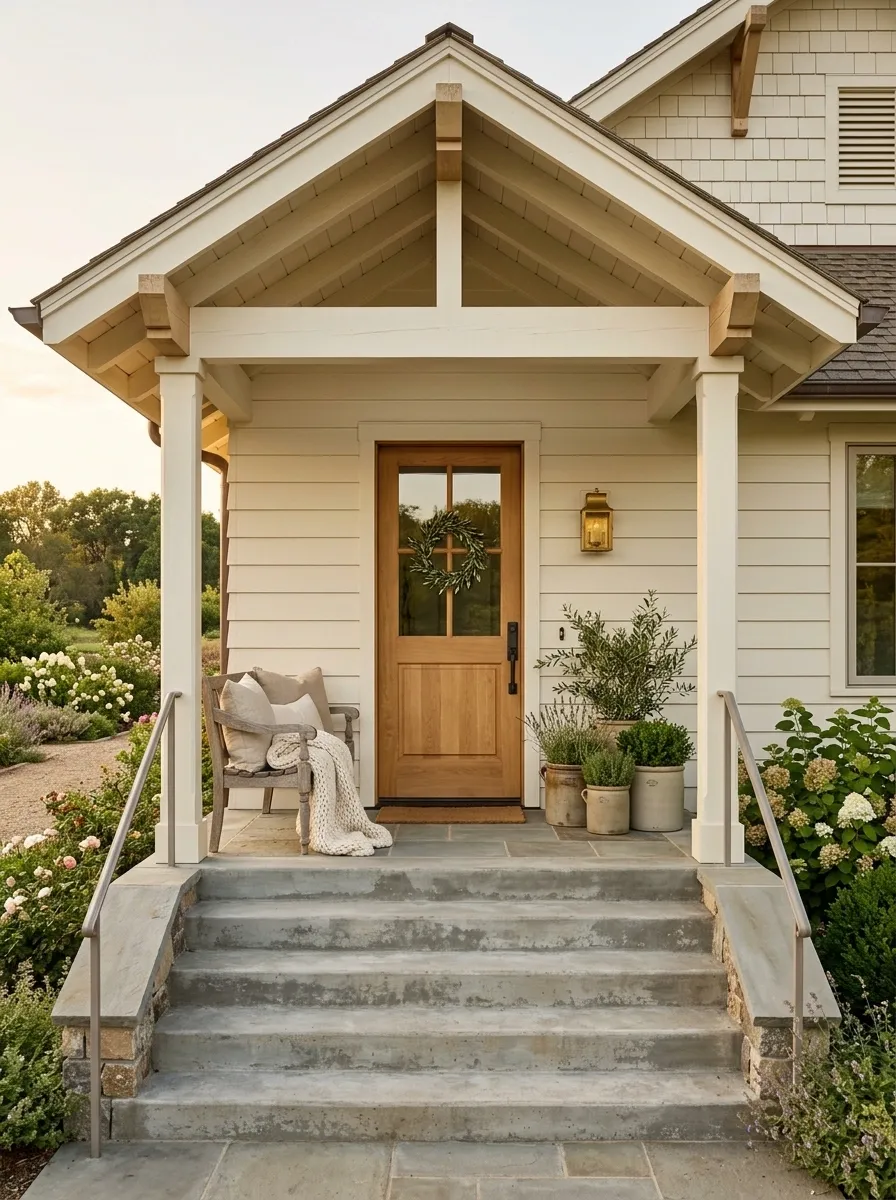 Soft Farmhouse Porch With Bracketed Gable Roof