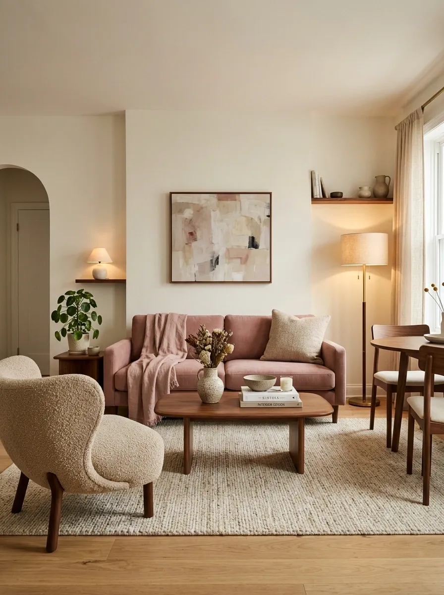Soft Feminine Apartment With Dusty Rose and Walnut