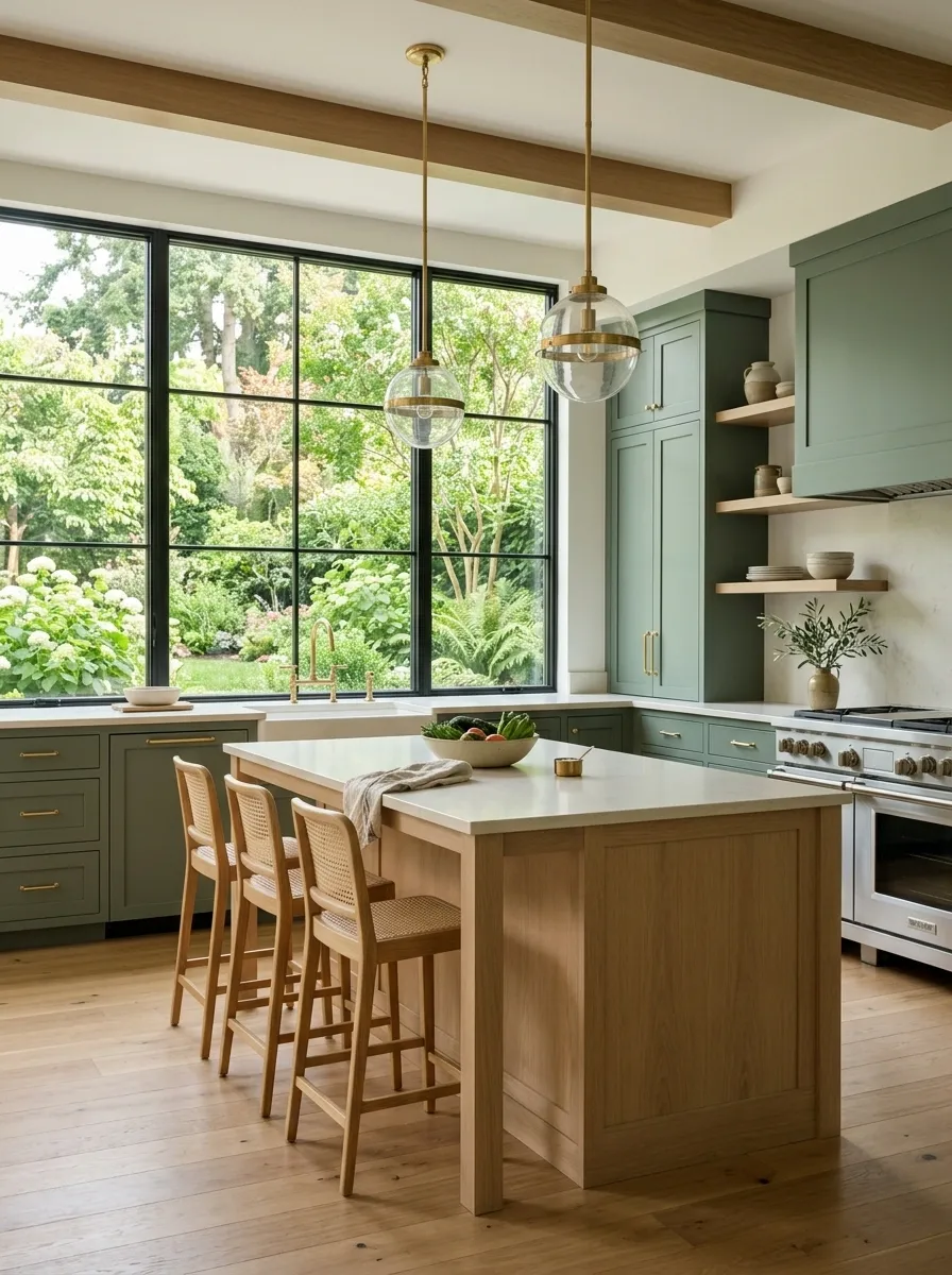 Soft Forest Green Kitchen With a Large Window and Garden Views