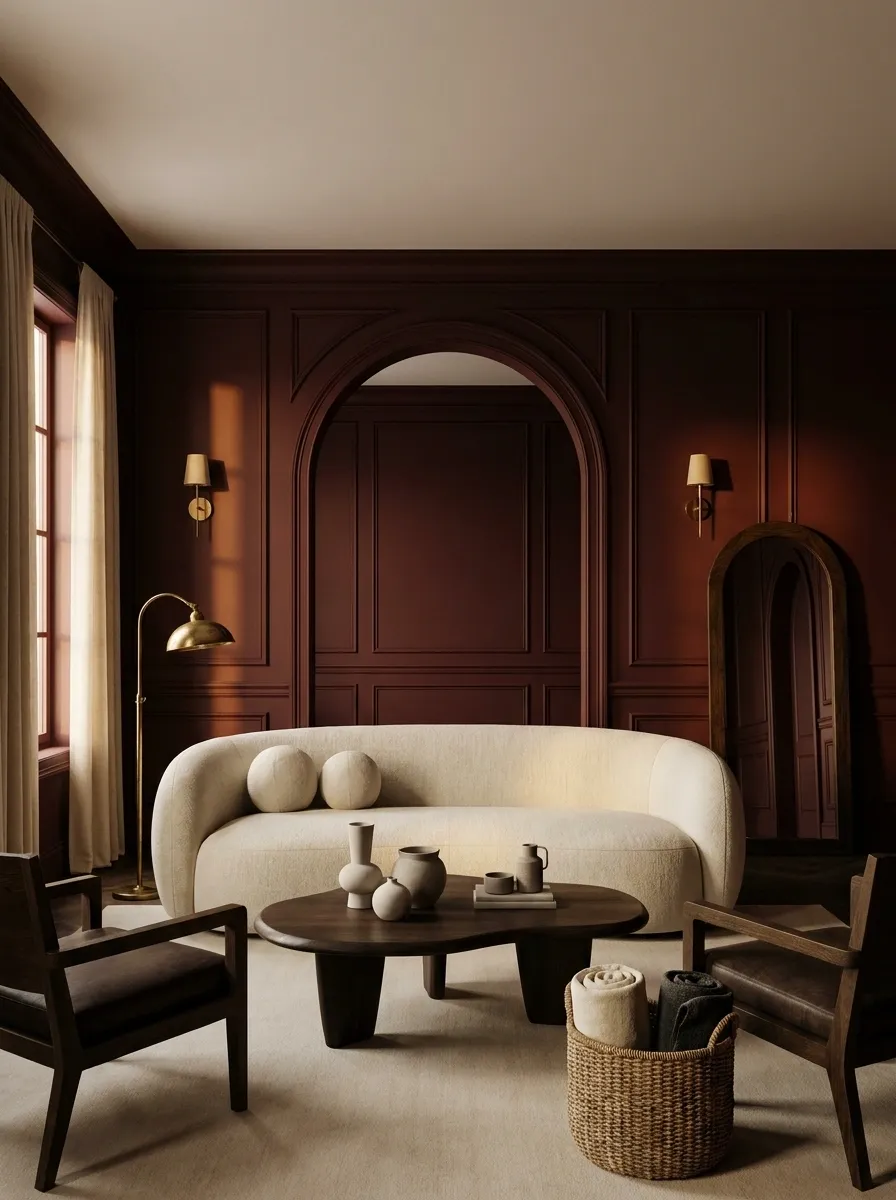 Soft Gothic Apartment With Arched Furniture and Oxblood Walls