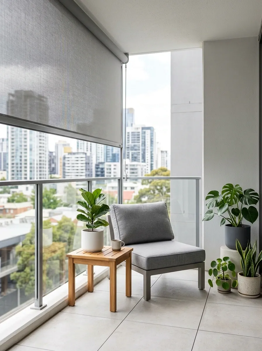 Soft Gray Balcony With Outdoor Roller Shade