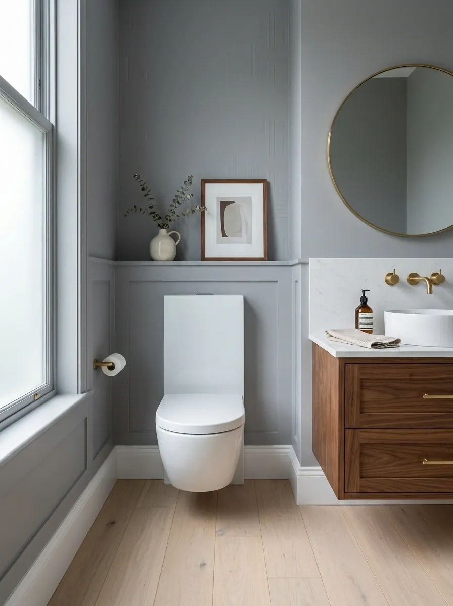 Soft Gray Bathroom With Walnut and Ceramic