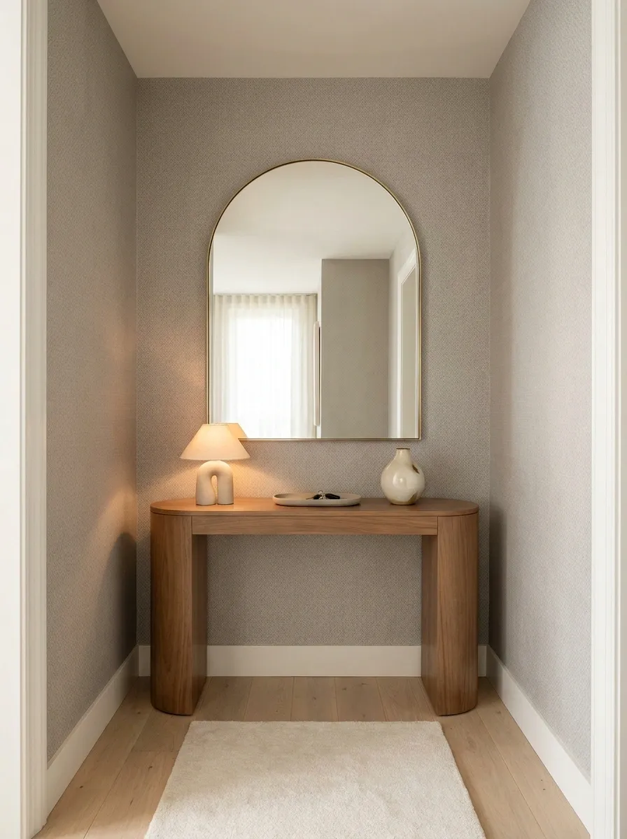 Soft Gray Geometric Entryway With Curved Furniture