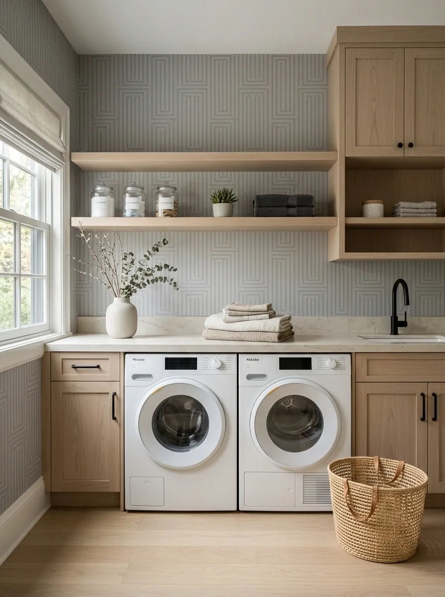 Soft Gray Geometric Wallpaper With Pale Oak Cabinetry