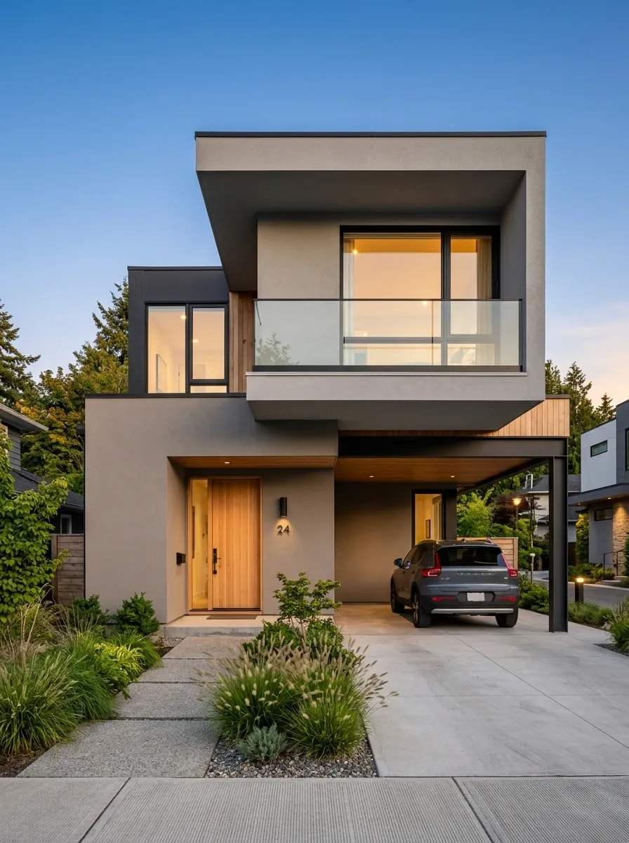 Soft Gray House With Cantilevered Bedroom Volume