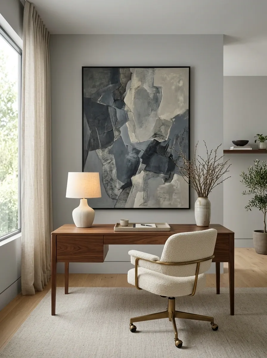 Soft Gray Office With a Dramatic Artwork Focal Wall