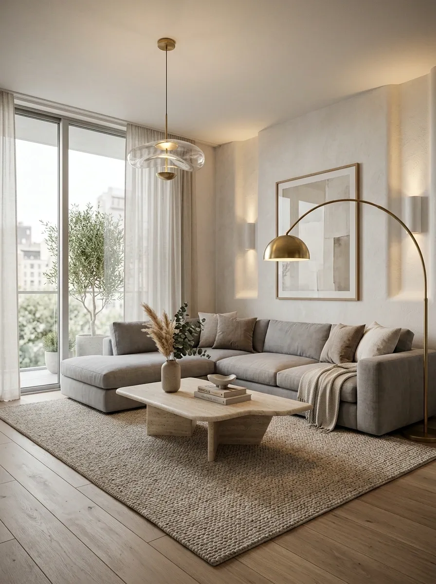 Soft Gray Sectional With a Sculptural Coffee Table and Layered Lighting