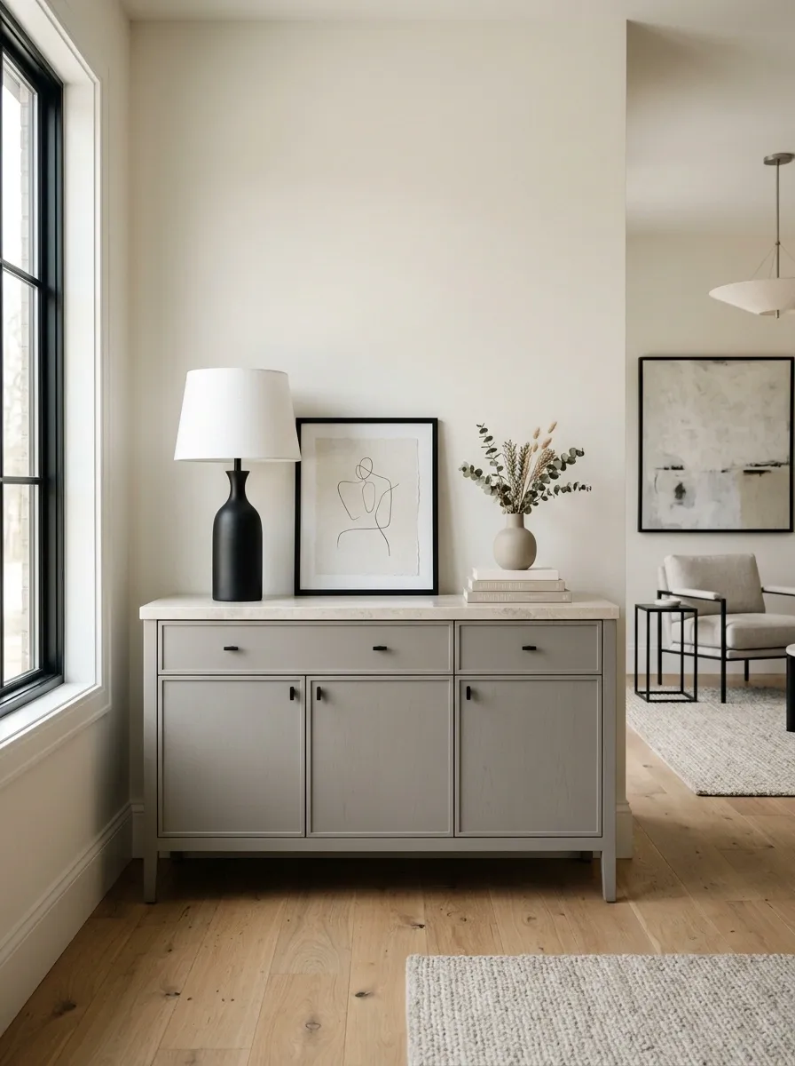Soft Gray Sideboard With Pale Stone and Black Accents