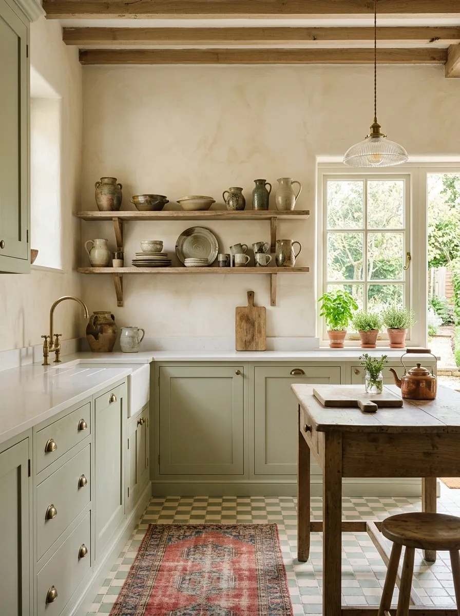 Soft Green and Cream Kitchen With Vintage Checker Tiles