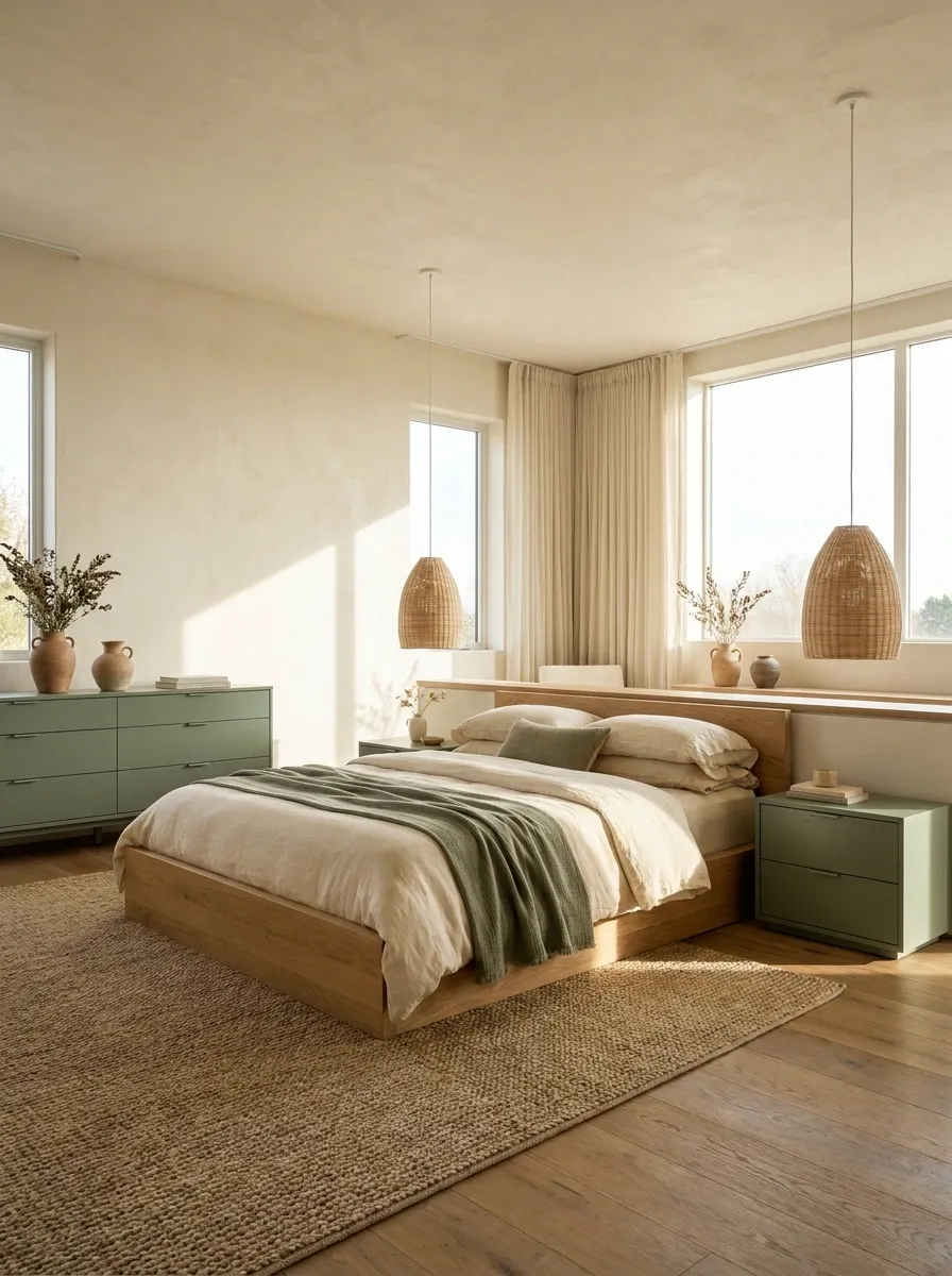 Soft Green And Natural Oak For A Calm Modern Bedroom