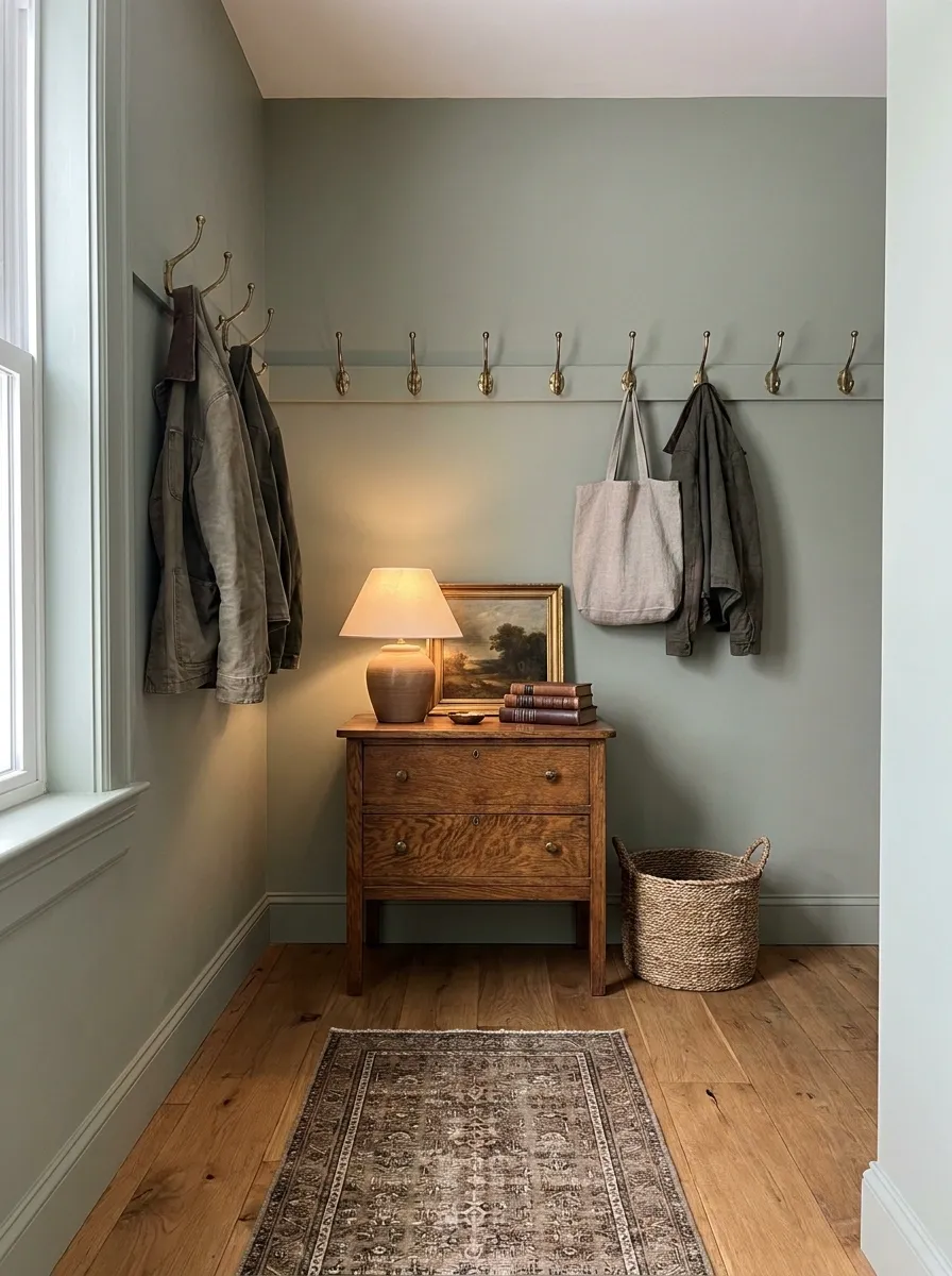 Soft Green Entryway With Vintage Wood Furniture