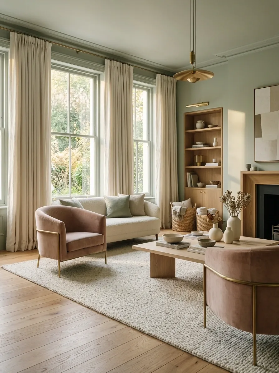 Soft Green Living Room With Blush Upholstery and Warm Oak