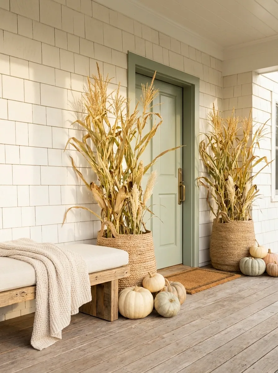 Soft Green Porch With Golden Corn and Muted Pumpkin Tones