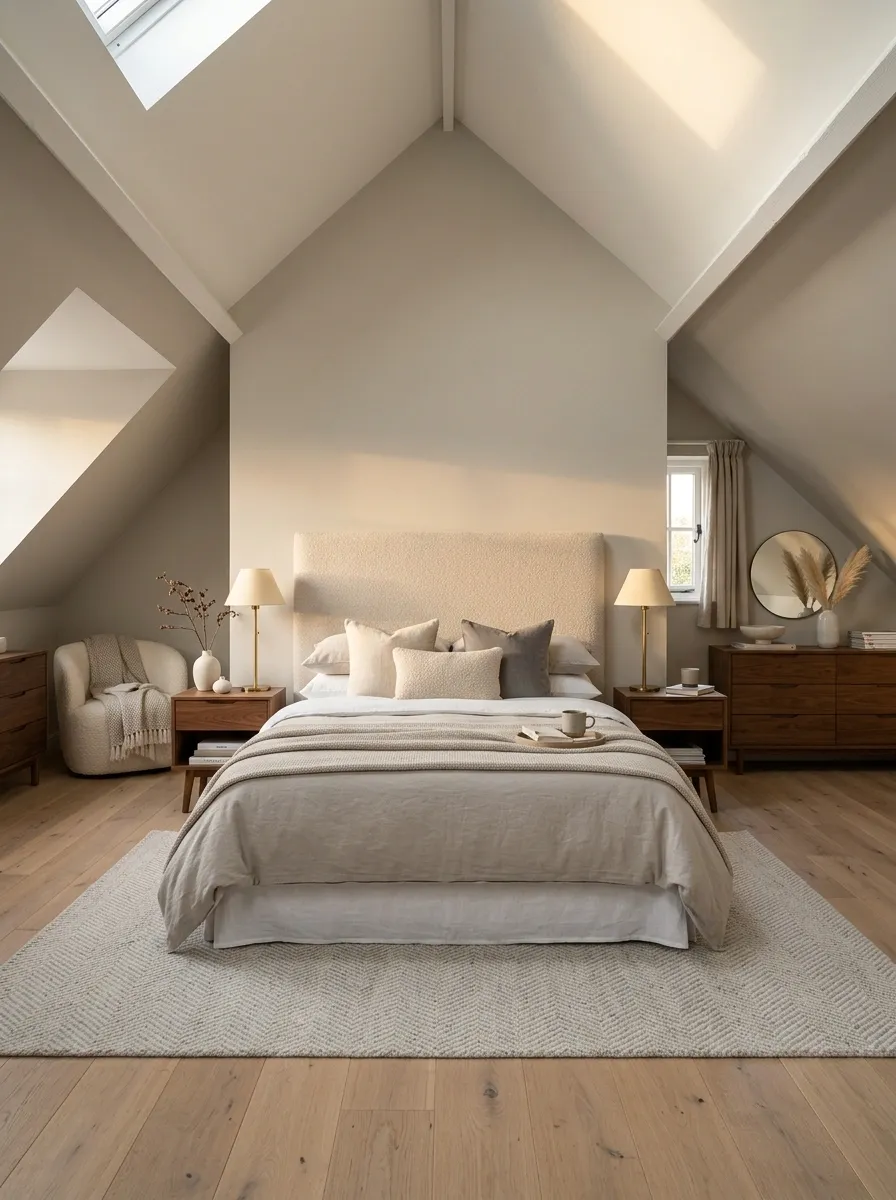 Soft Greige Bedroom With the Bed Against the Tall Wall