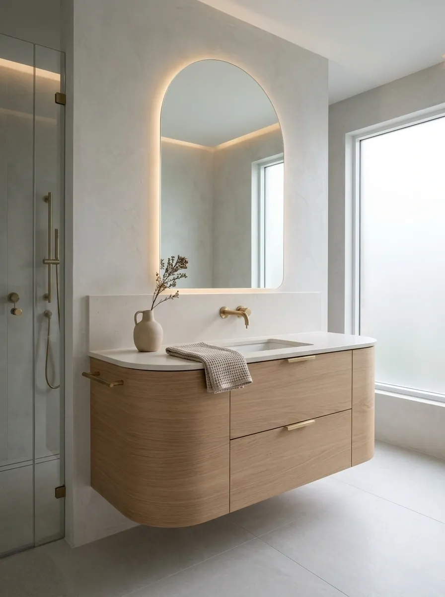 Soft Grey Bathroom With Sandy Beige Curved Vanity