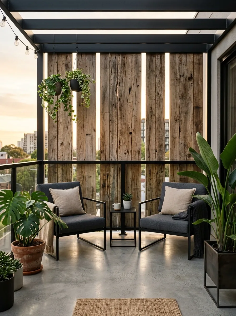 Soft Industrial Balcony With Reclaimed Timber Screen