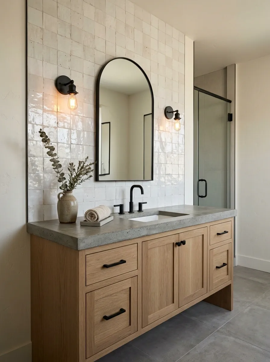 Soft Industrial Bathroom With Oak, Steel, and Zellige Tile