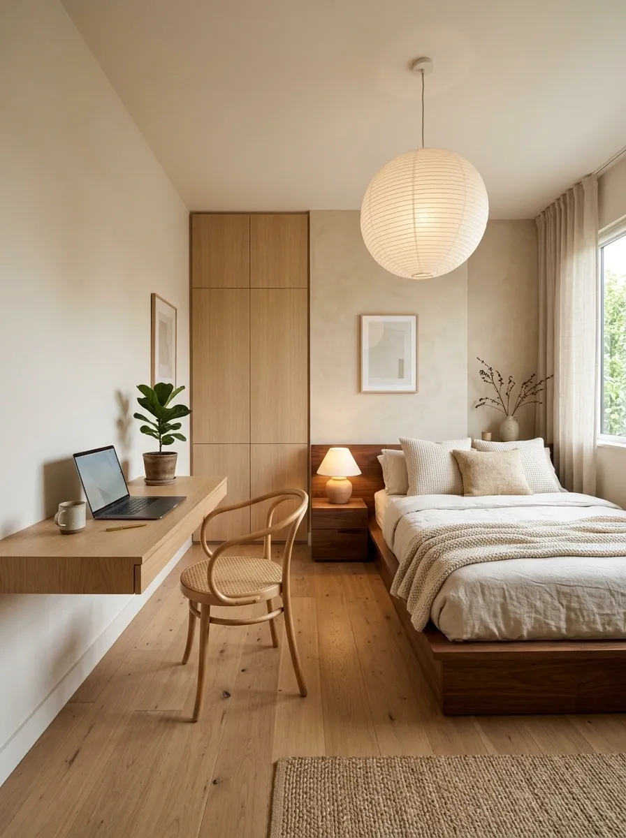 Soft Japandi Guest Bedroom With a Floating Desk