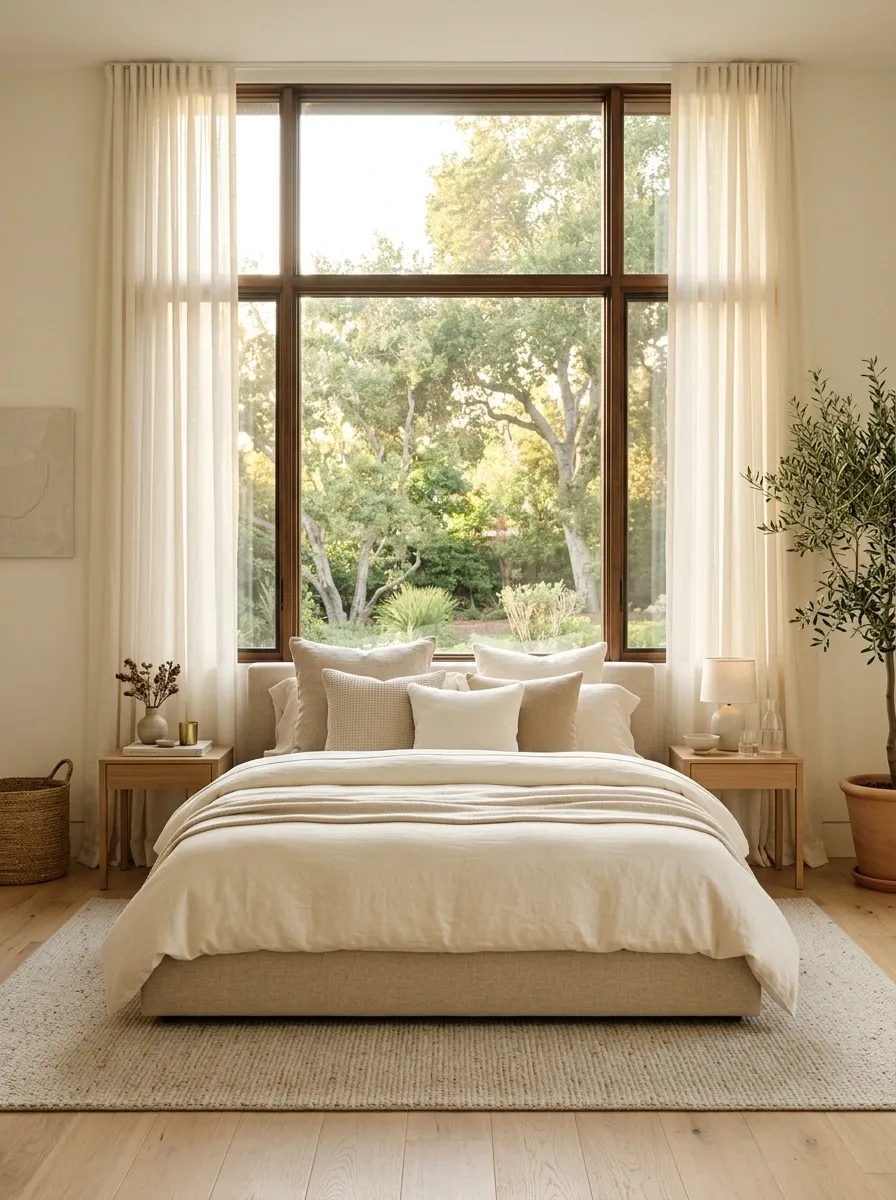 Soft Linen Bedroom With a Low Upholstered Bed Beneath a Wide Window