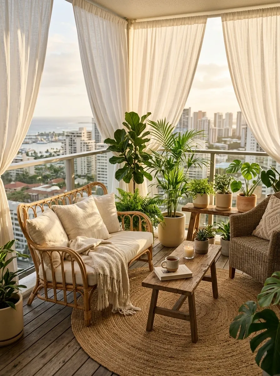 Soft Linen Curtain Balcony With Natural Rattan Furniture