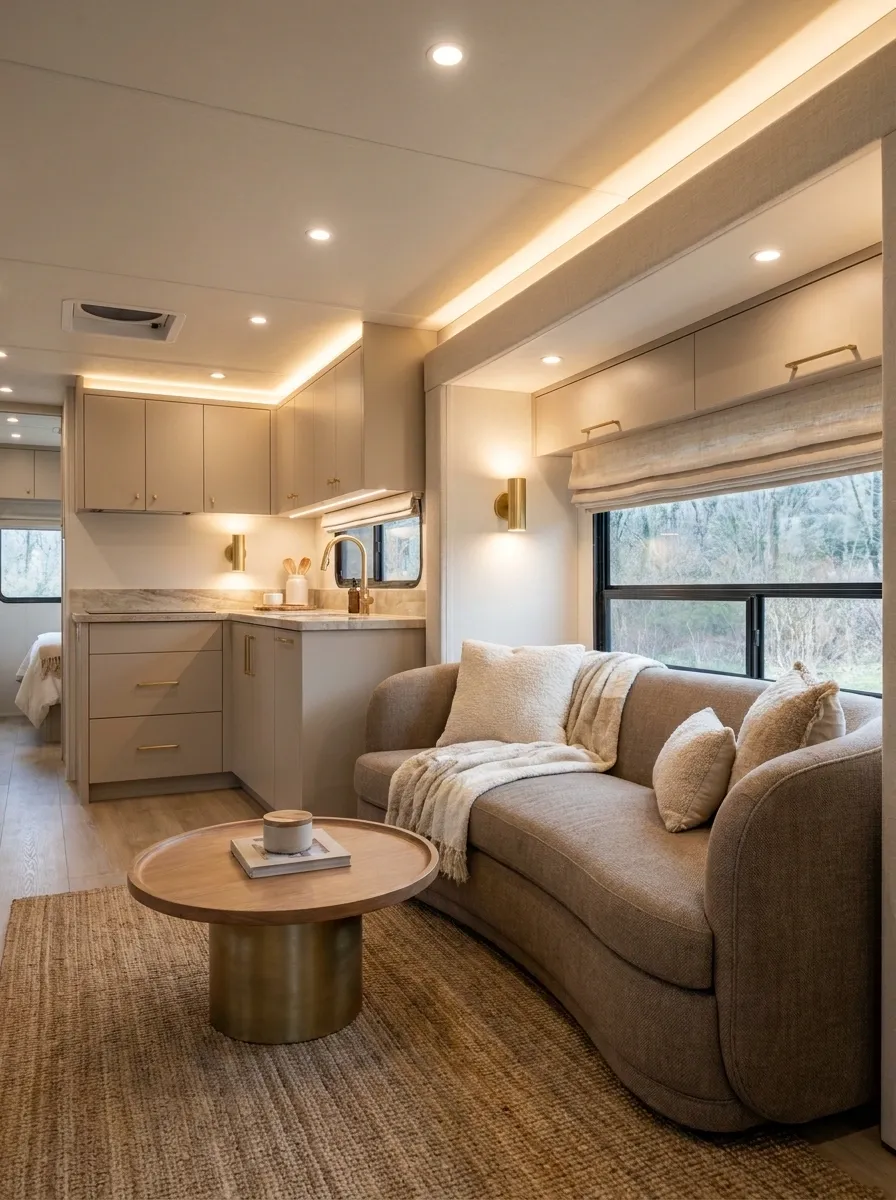 Soft Luxury RV With Taupe and Brass