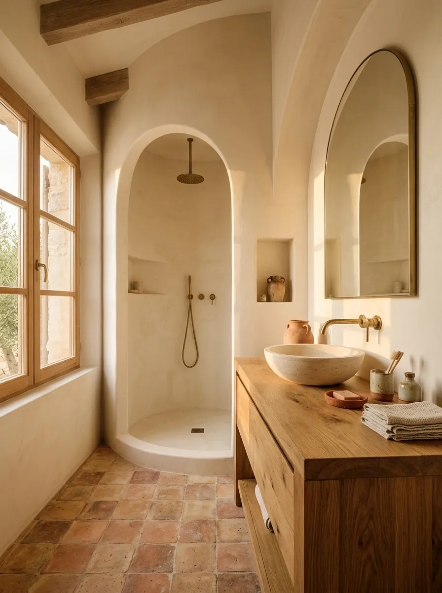 Soft Mediterranean Beige Bathroom With Arched Shower and Terracotta Floor