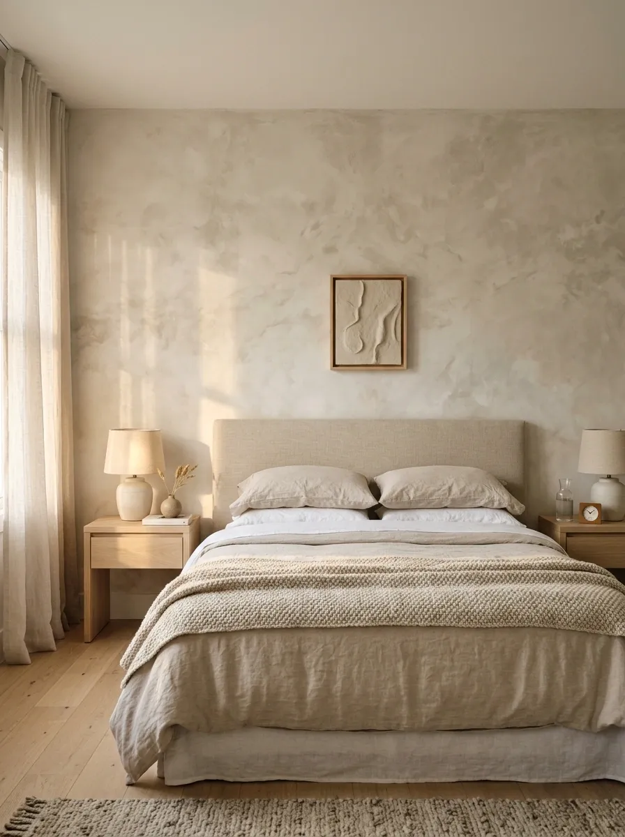 Soft Minimal Bedroom With a Wide Limewashed Wall