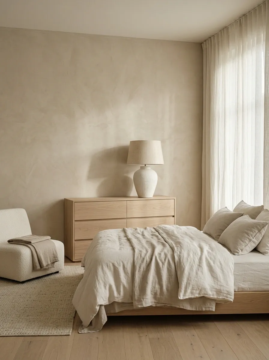 Soft Minimal Dresser Wall With Tonal Plaster and Sculptural Lamp