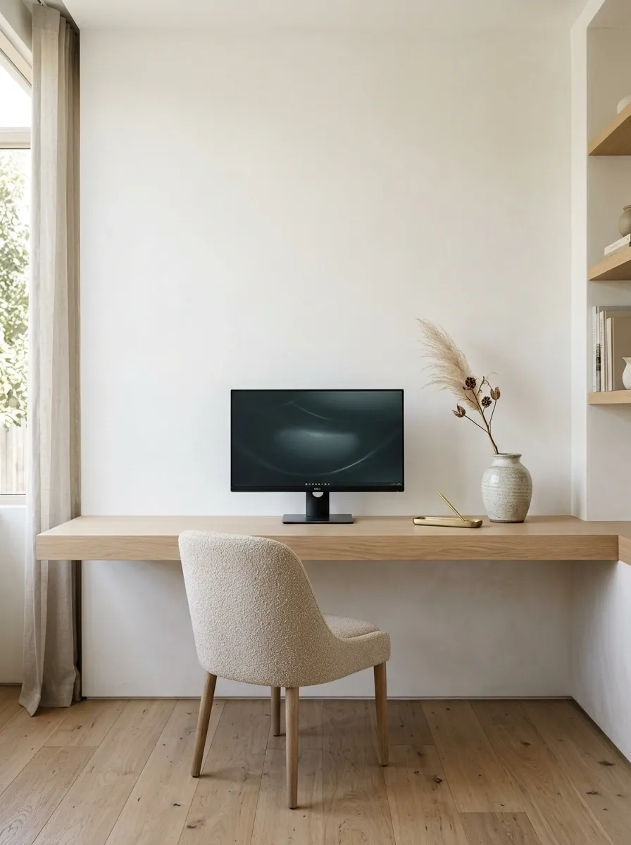 Soft Minimal Office With a Floating Oak Desk