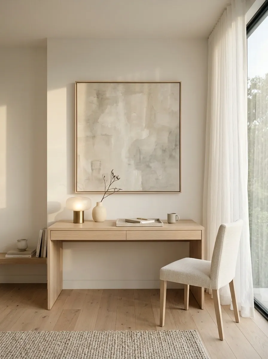 Soft Minimal Office With One Oversized Abstract Artwork