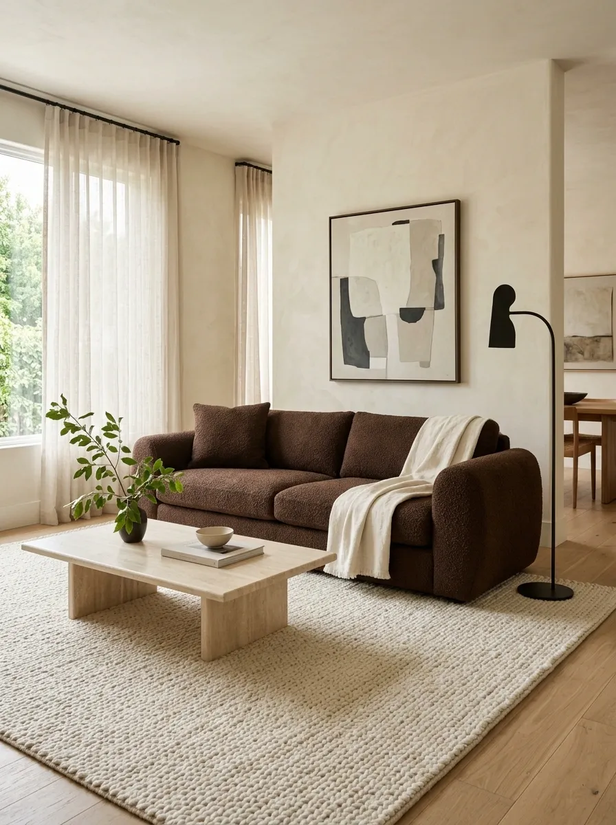 Soft Modern Living Room With Chocolate Brown Bouclé Seating