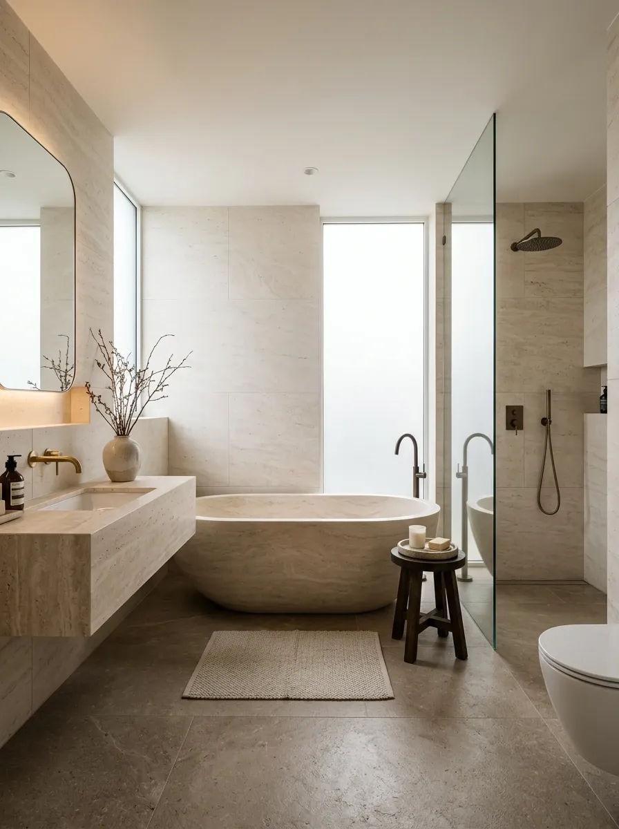 Soft Monochrome Bathroom With Sculptural Stone and Floating Storage
