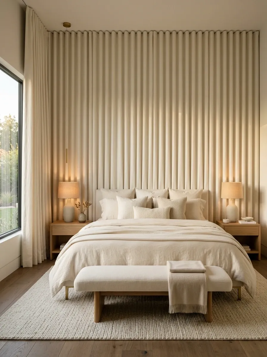 Soft Monochrome Bedroom With a Pleated Fabric Headboard Wall