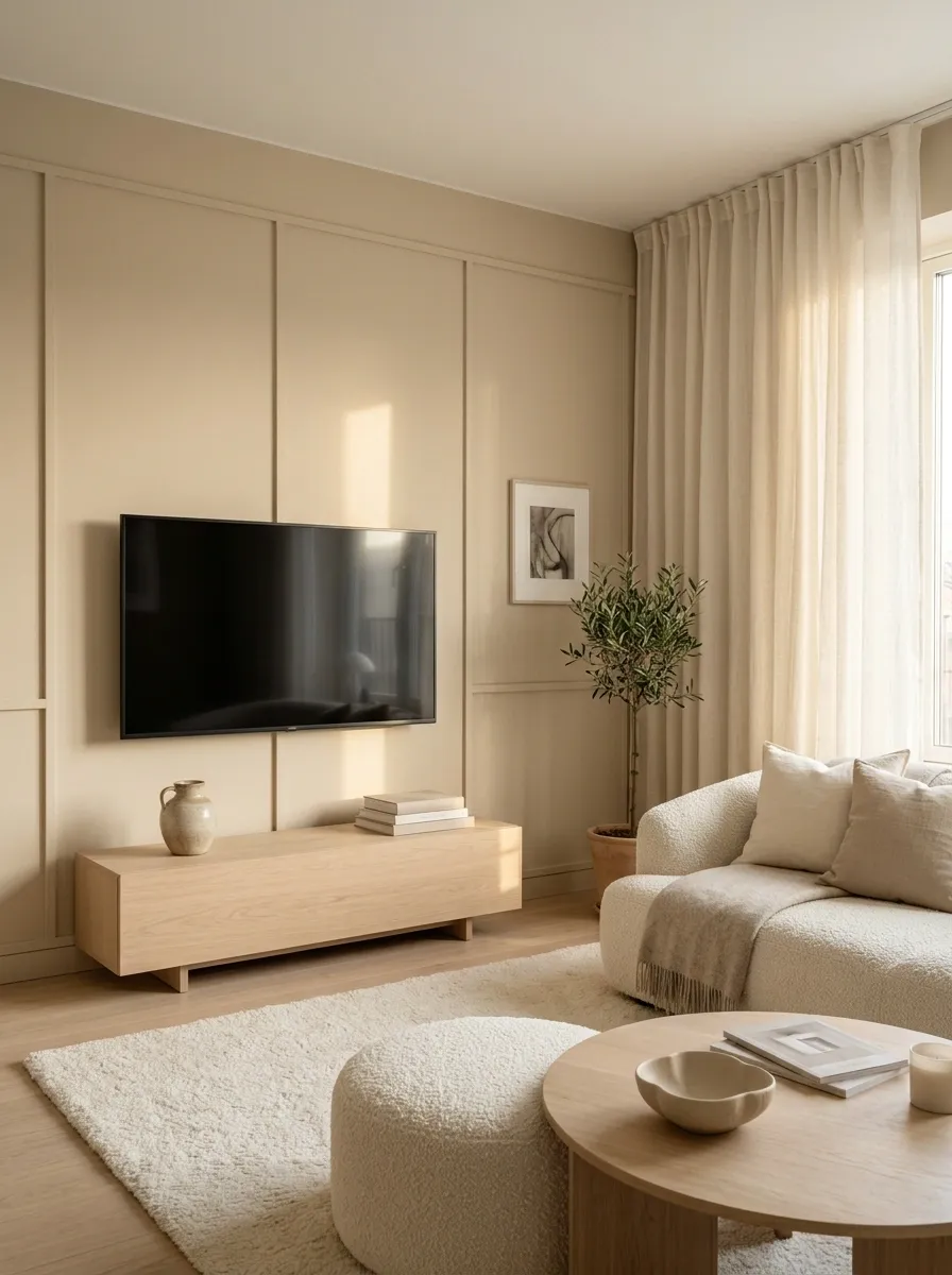 Soft Monochrome Living Room With a Black TV as the Only Contrast