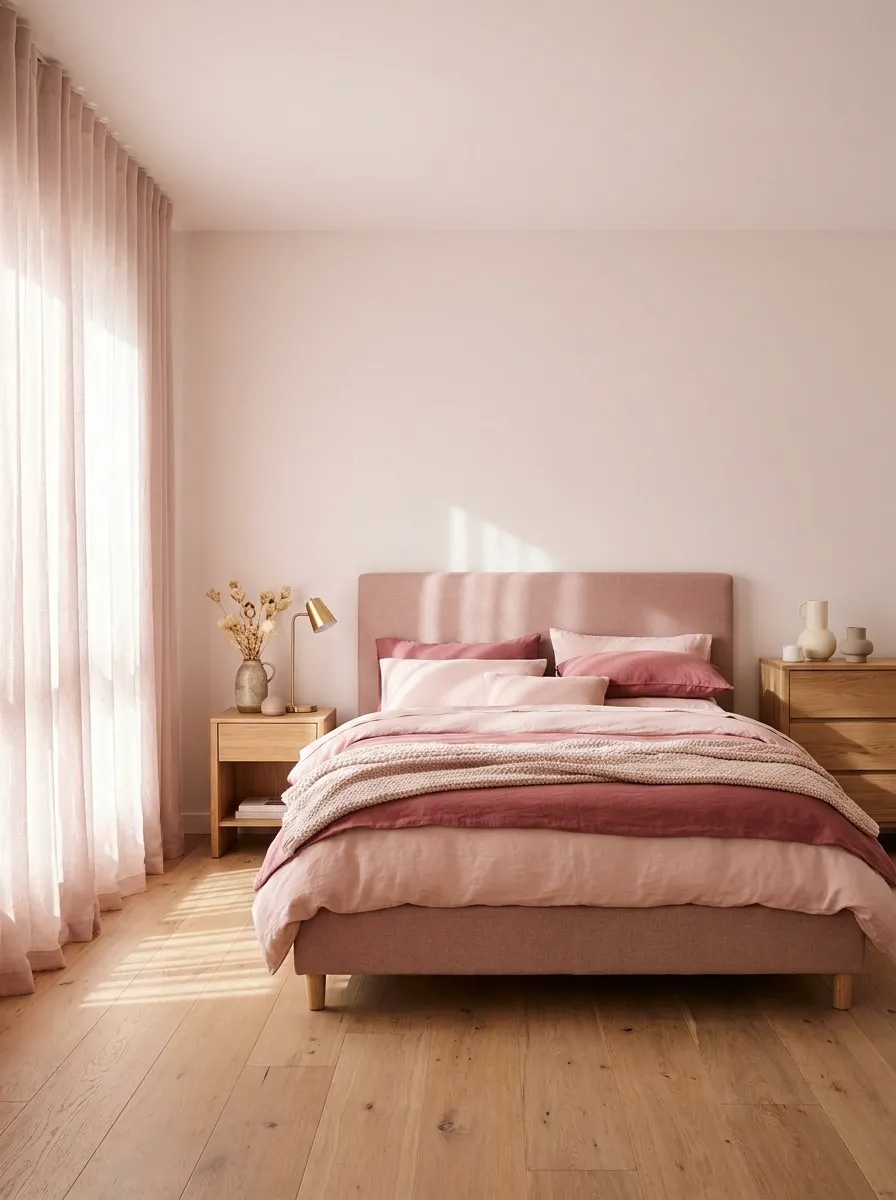 Soft Monochrome Pink Bedroom With Tonal Layering