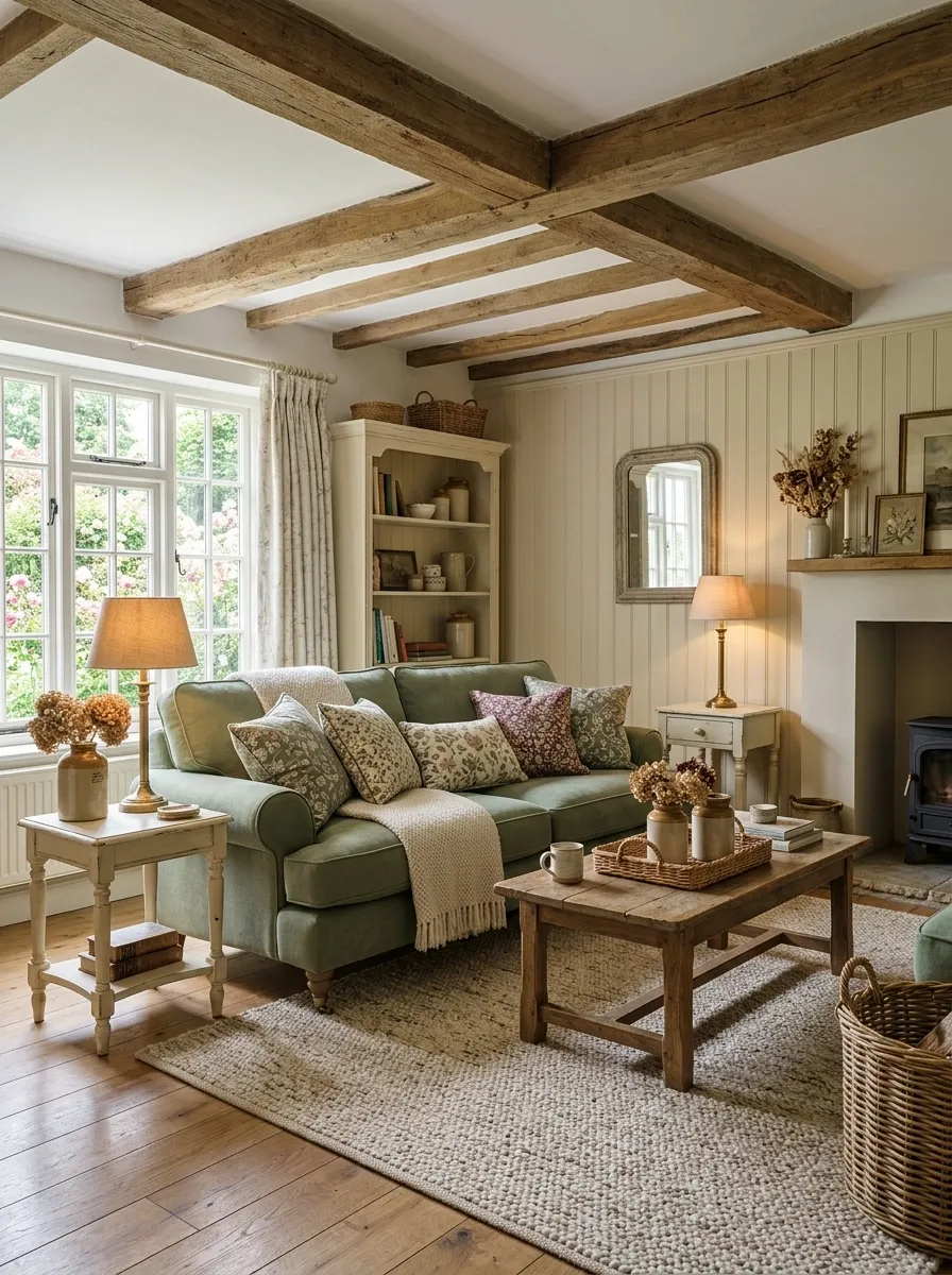 Soft Moss Sofa With Painted Furniture in a Cottage Living Room