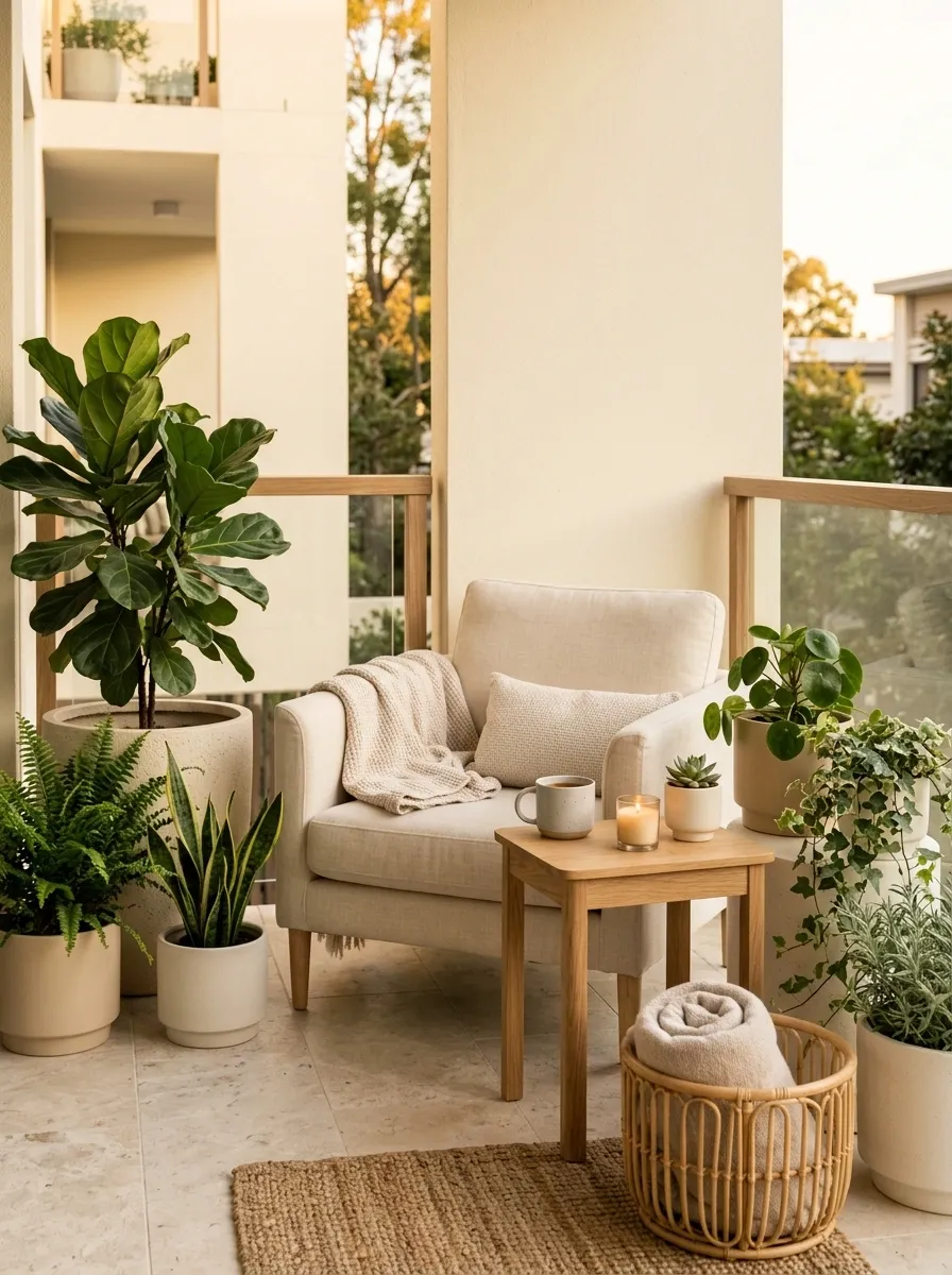 Soft Neutral Balcony With Linen Seating and Pale Ceramic Pots