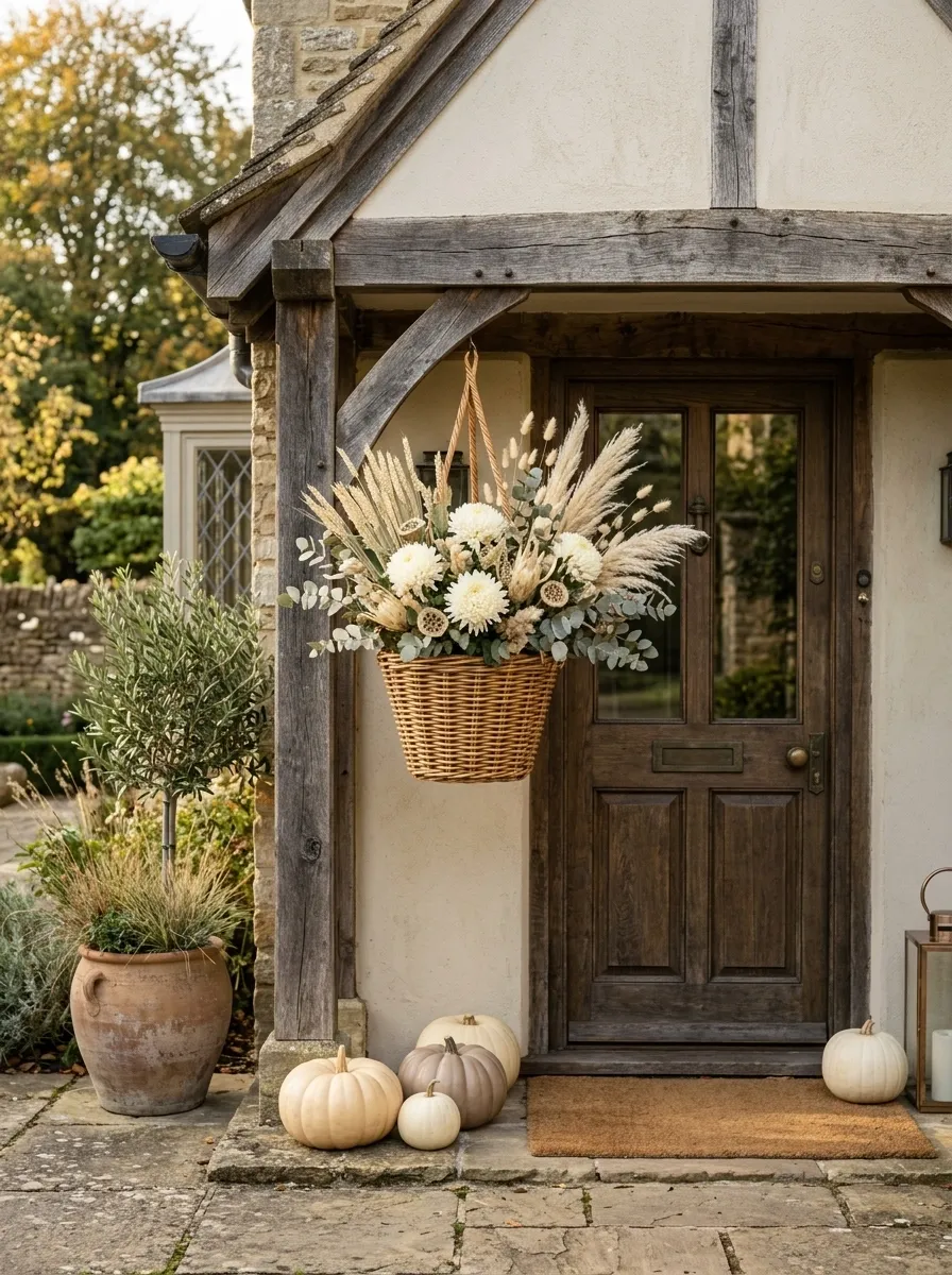 Soft Neutral Basket With Cream Mums And Wheat