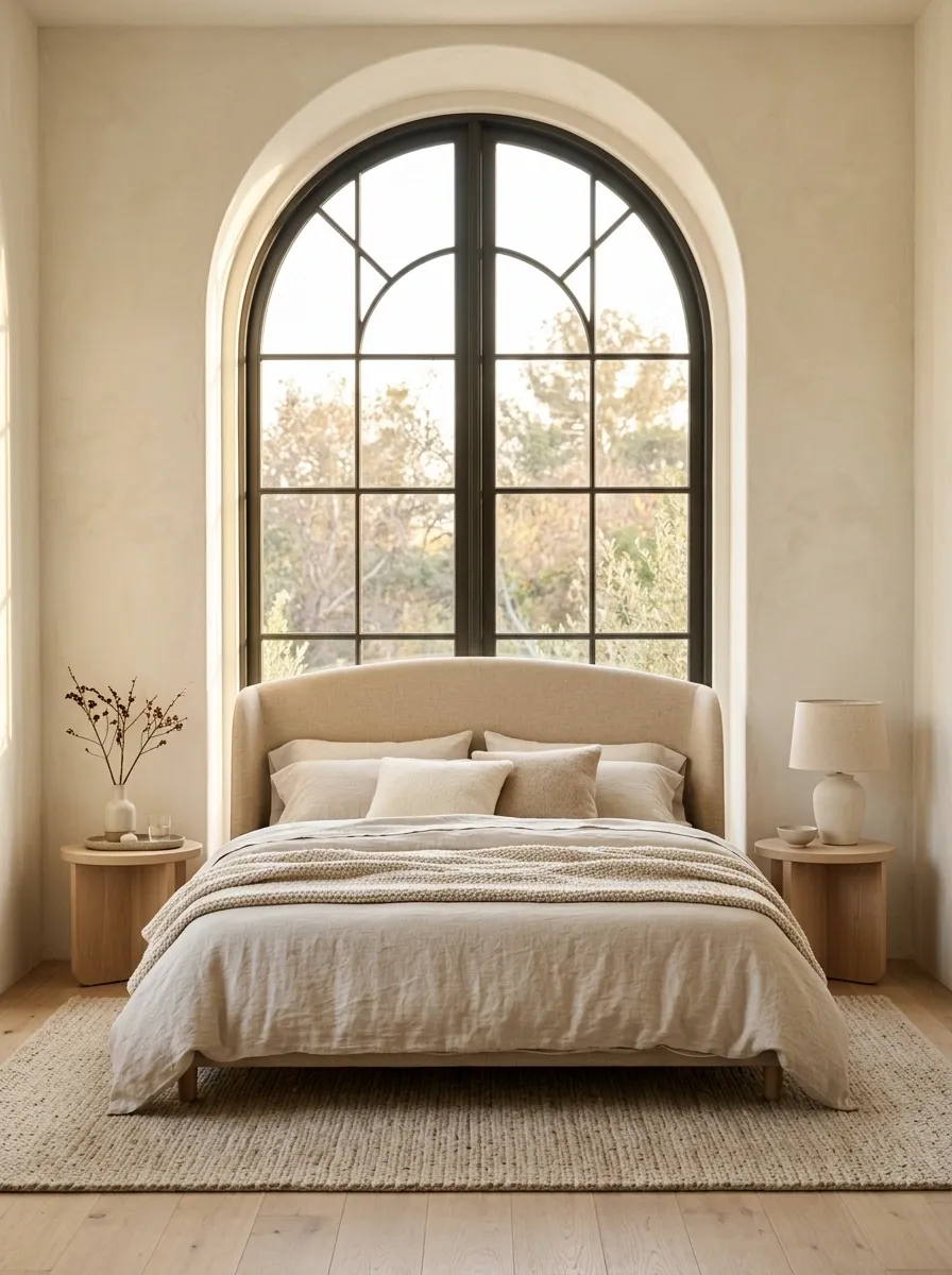 Soft Neutral Bedroom With a Curved Headboard Beneath a Tall Arched Window
