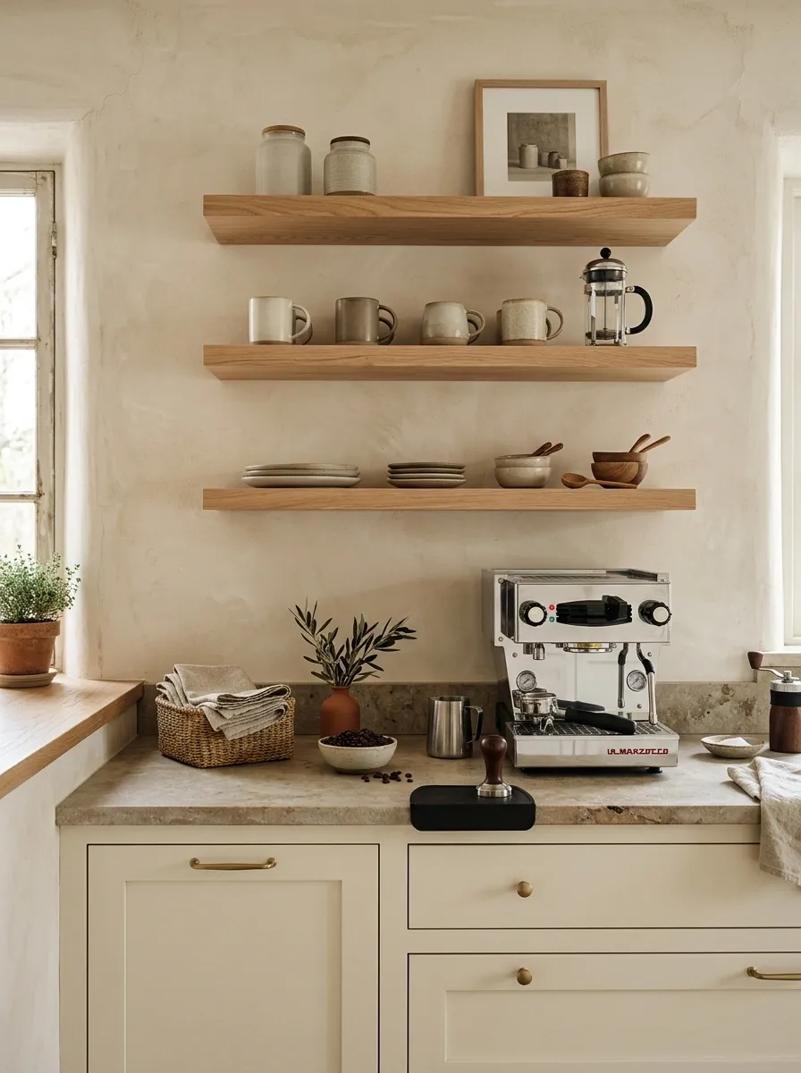 Soft Neutral Coffee Bar With Limestone-Look Countertop