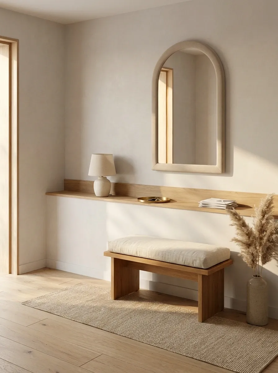 Soft Neutral Entryway With a Built-In Ledge Instead of a Console