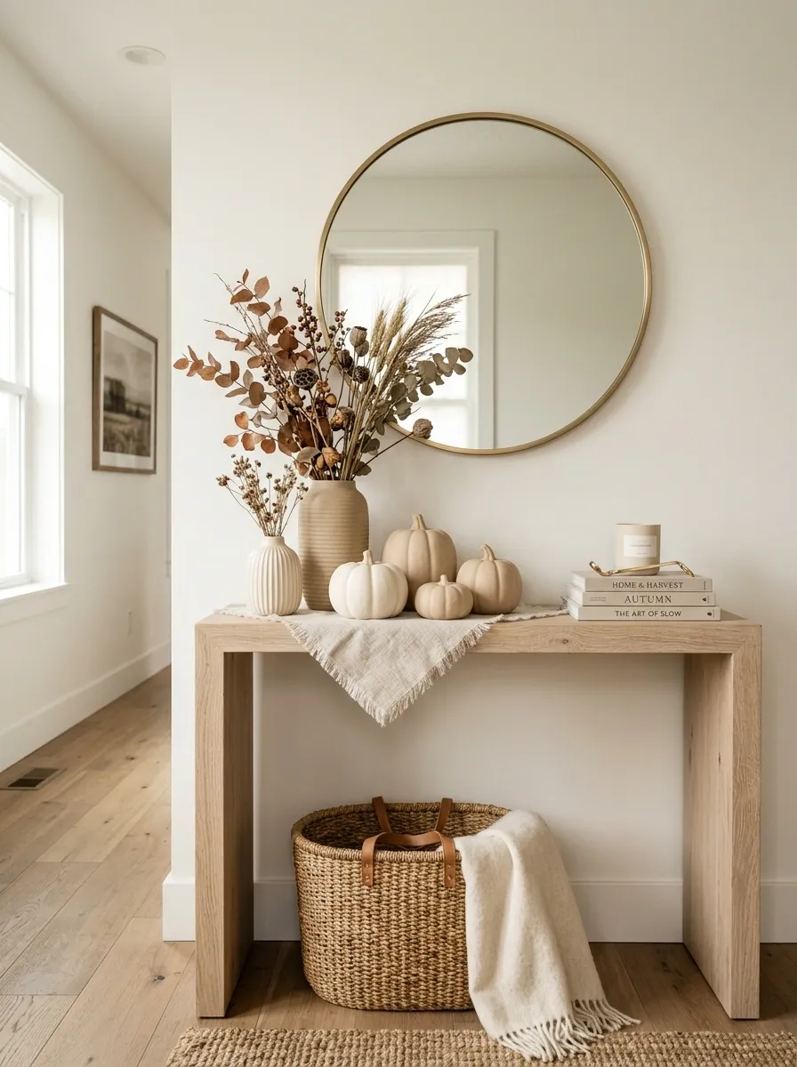 Soft Neutral Fall Entry With Cream Pumpkins and Natural Linen