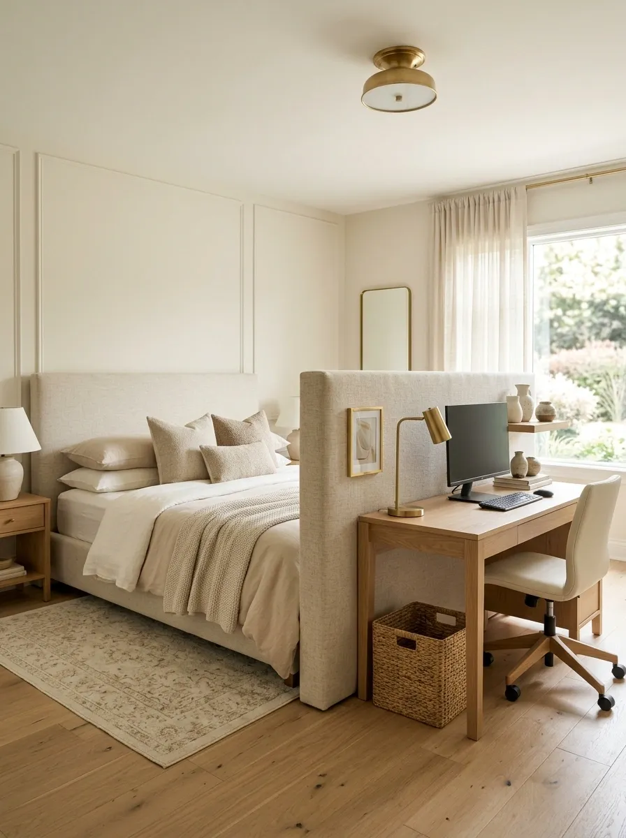 Soft Neutral Guest Room With a Workstation Behind the Headboard