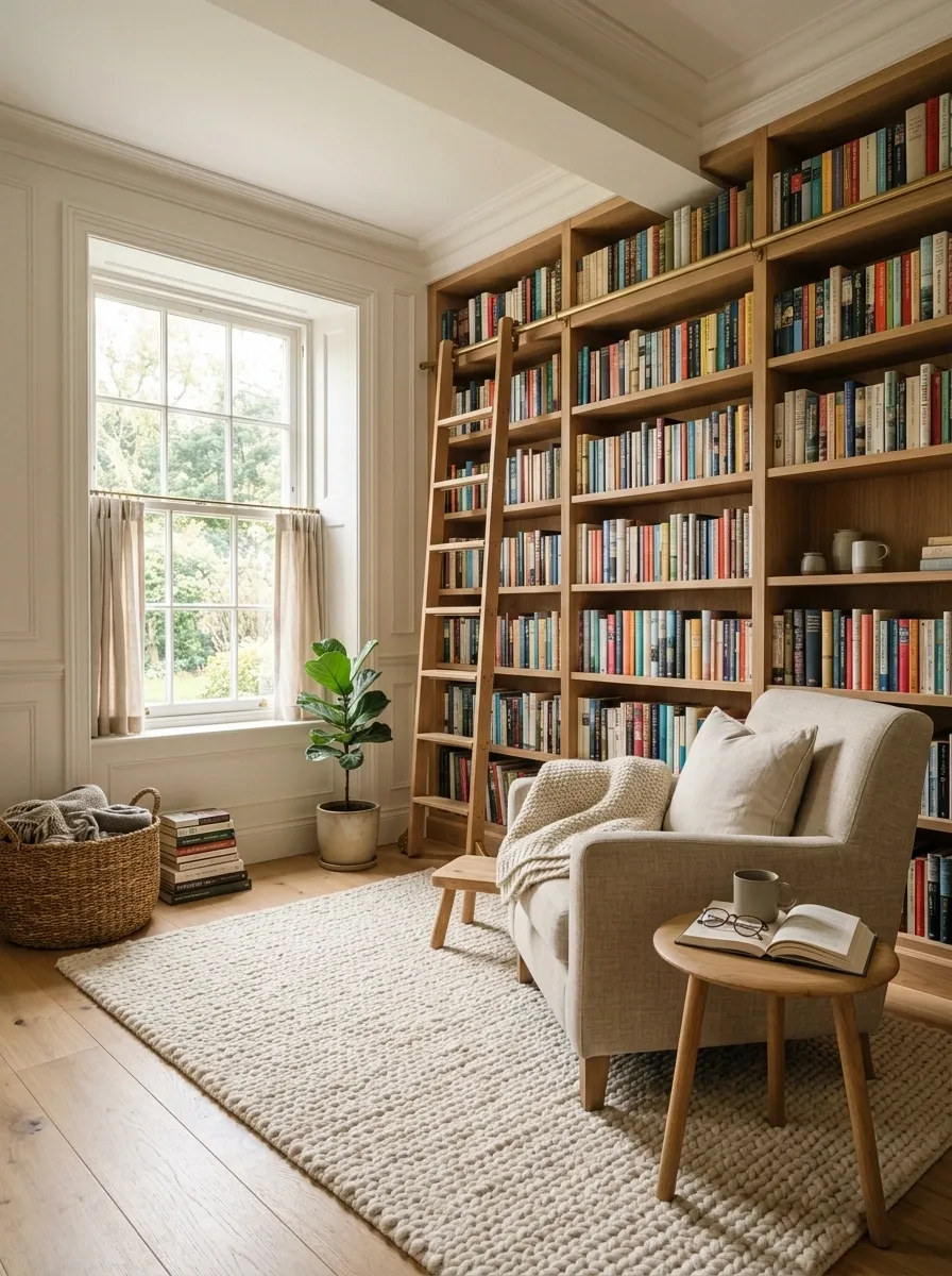 Soft Neutral Library With Linen Seating and Natural Wood