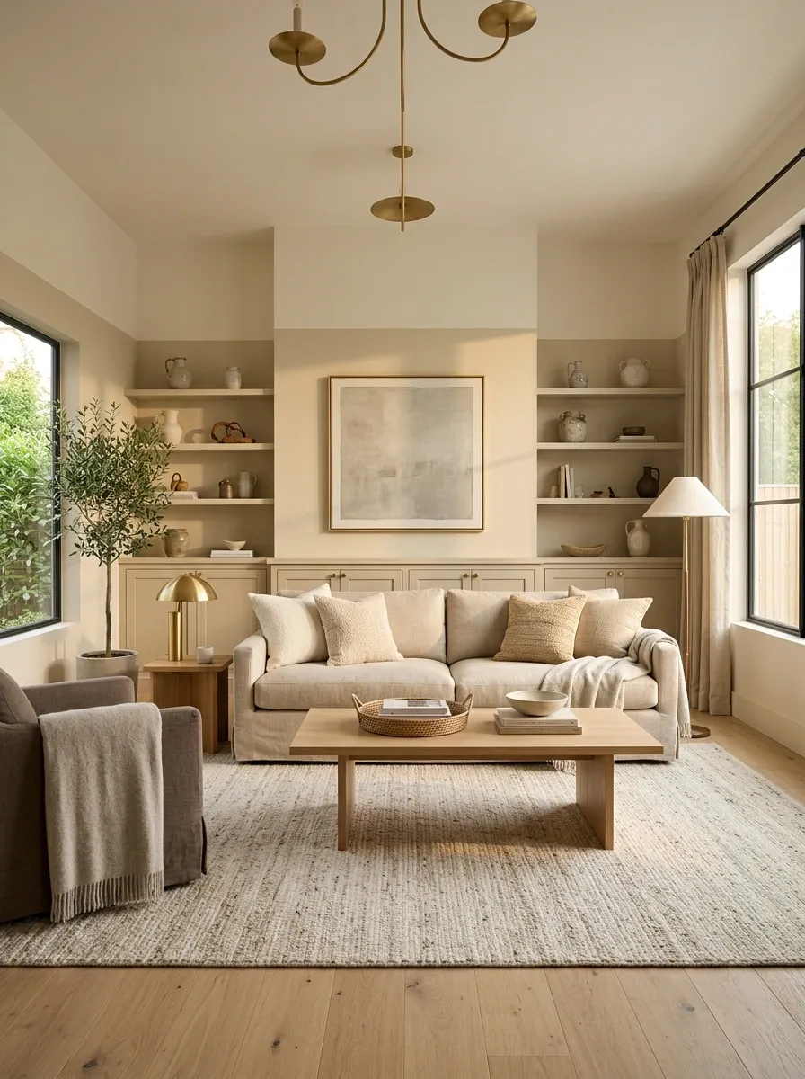 Soft Neutral Living Room With Two-Tone Painted Walls and Built-Ins